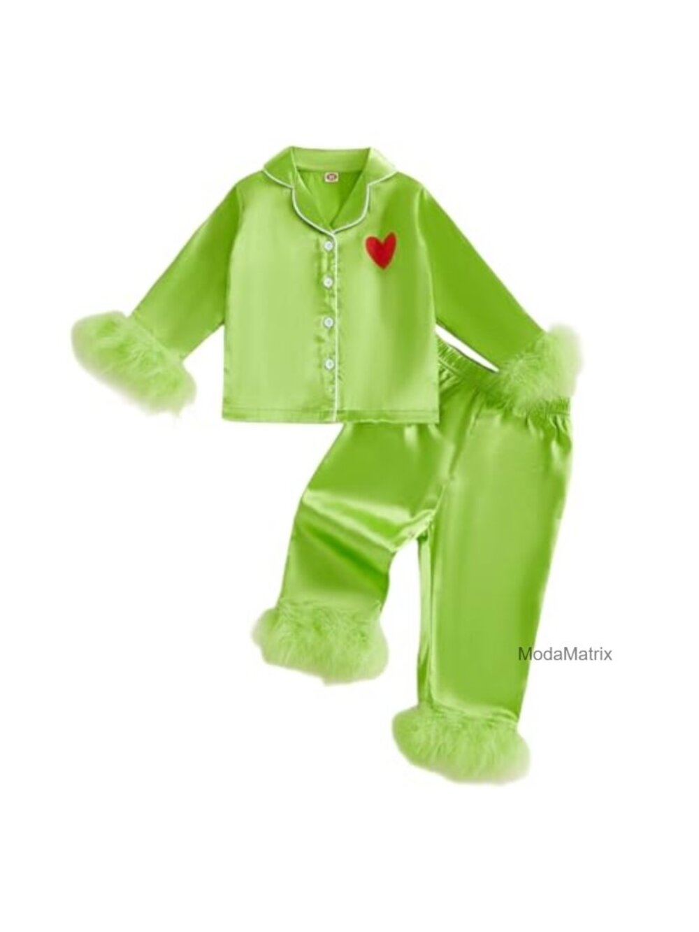 Kids Christmas Pajama Set Green Satin Silk Button Down Jammies Toddler Girl